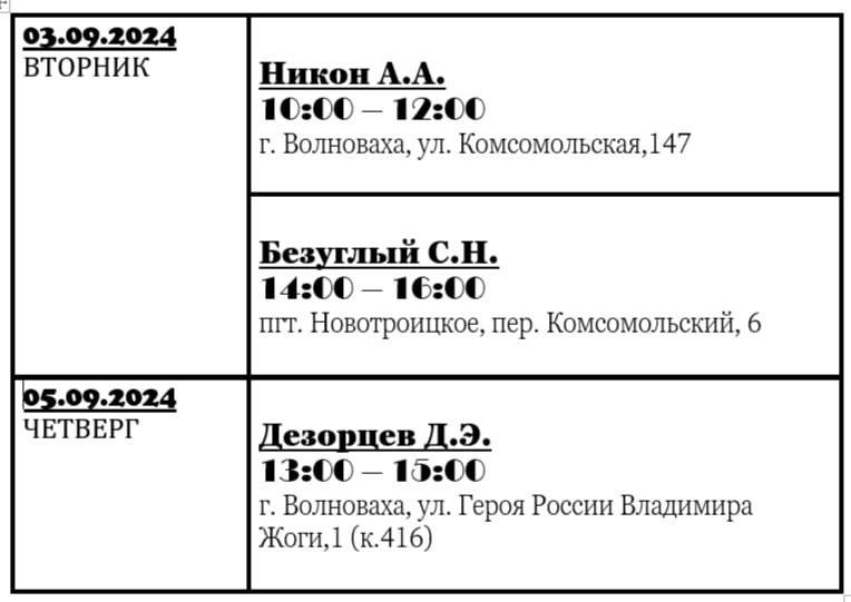 График личного приема граждан депутатами Волновахского муниципального совета Донецкой Народной Республики.