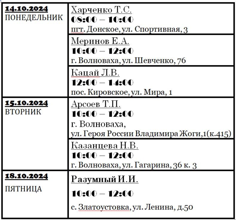 График личного приема граждан депутатами Волновахского муниципального совета Донецкой Народной Республики.