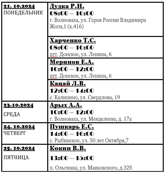 График личного приема граждан депутатами Волновахского муниципального совета Донецкой Народной Республики с 21.10 по 25.10.2024 г..