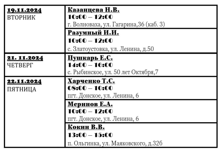 График личного приема граждан депутатами Волновахского муниципального совета Донецкой Народной Республики с 19.11. по 22.11.2024.