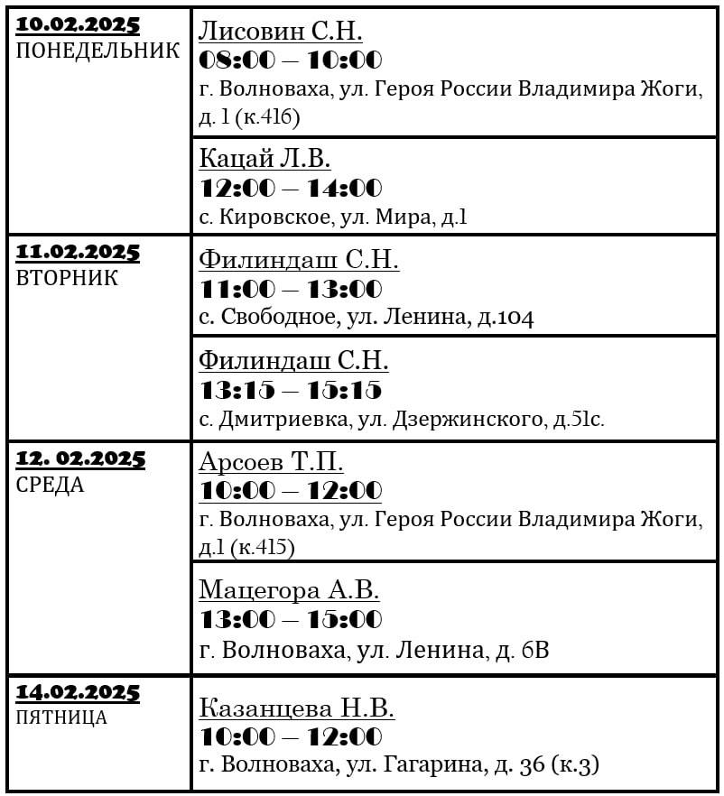 График личного приема граждан депутатами Волновахского муниципального совета.