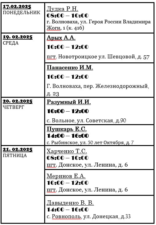 График личного приема граждан депутатами Волновахского муниципального совета Донецкой Народной Республики.