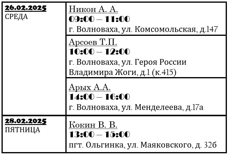График личного приема граждан депутатами Волновахского муниципального совета Донецкой Народной Республики.