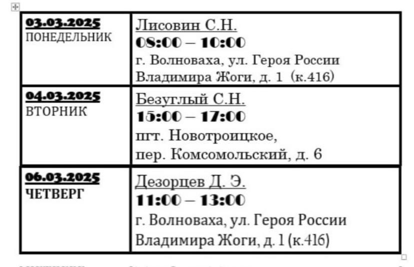 График личного приема граждан депутатами Волновахского муниципального совета Донецкой Народной Республики.