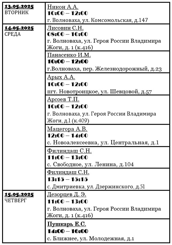 График личного приема граждан депутатами Волновахского муниципального совета Донецкой Народной Республики.
