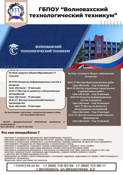 ГБПОУ "Волновахский технологический техникум" приглашает получить среднее профессиональное образование. ГБПОУ "Волновахский технологический техникум" приглашает получить среднее профессиональное образование.